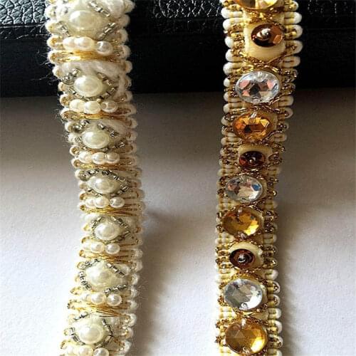 DoreenBeads Imitation Pearl Ribbon Lace Acrylic Beaded Lace Gold Color Wedding Dress Skirt Bag Hats Decorations About 0.9m 1PC