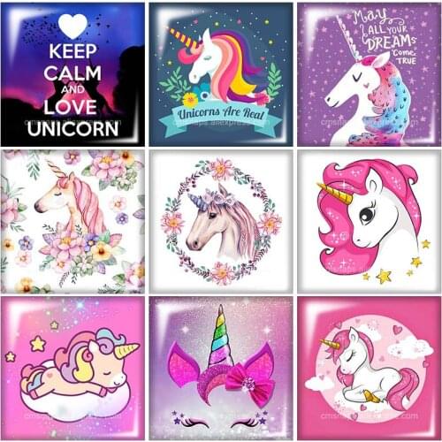 FB0358 Flowers Unicorn elk cat Hedgehog 12mm/20mm/25mm/30mm Square photo glass cabochon demo flat back Making findings