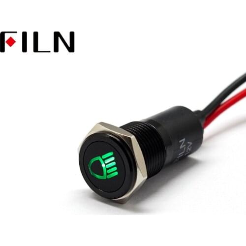 FILN 14mm Car dashboard Dipped lamp symbol led red yellow white blue green 12v led Black shell indicator light with 20cm cable