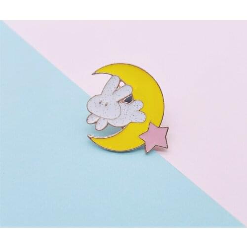 Cartoon Cute Moon Bunny Enamel Brooch Yellow Crescent Bunny Alloy Pins Badge Clothes Accessories Sweet Jewelry Gifts For Kid