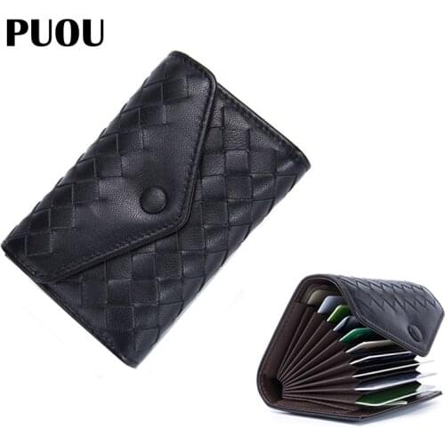 PUOU 100% Sheepskin Leather Mens Wallets Short Money Clip Woven Wallet Leather Bag Lady Wallet Clutch Fashion Business Billfold