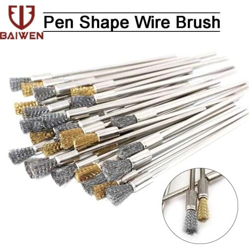 10pcs Stainless Steel Wire End Brush Set 3mm Shank Brass Pen Shape Wire Polishing Brush For Dremel Rotary Accessories