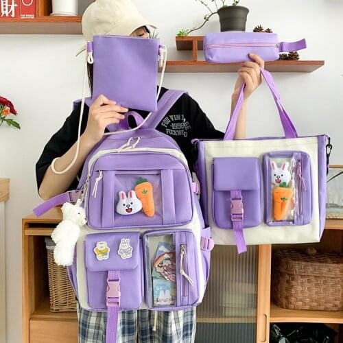 New 4pcs/Set Handle Women Backpack Bag Large Capacity Buckle Mombag Student Teens Book Schoolbag Female Girl Kawaii Shoudler Bag