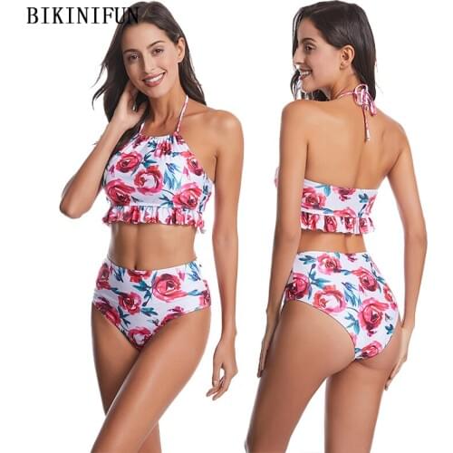 2020 New Sexy Floral Print Bralette Bikini Women High Neck Swimsuit Backless Halter Swimwear S-XL Girl High Waist Bikini Set