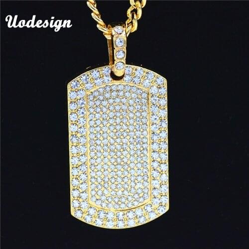 Uodesign Big Full Crystal Hip Hop DOG TAG Necklace and men Cuban Chain Hiphop Golden Dog Tag Necklace