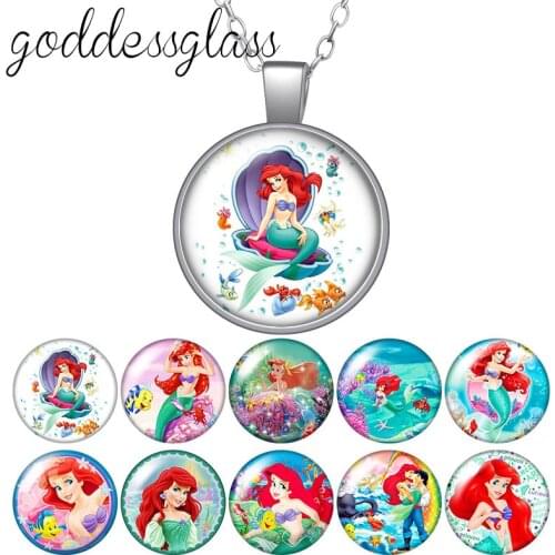 Disney The little Mermaid Princess ariel Round Glass glass cabochon silver plated/Crystal pendant necklace jewelry Gift