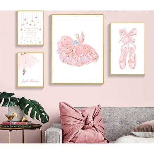 Poster Cartoon Wall Pictures Bedroom Baby Room Decor Pink Dress Canvas Print Nursery Wall Art Nordic Poster Painting Girl Ballet