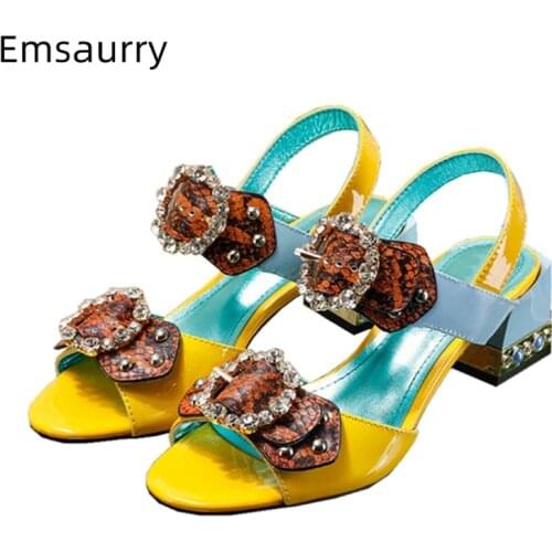 Mixed Color Ankle Strap Sandals Women Summer Jeweled Square Heel Serpentine Butterfly-Knot Rivet Rhinestone Party Shoes