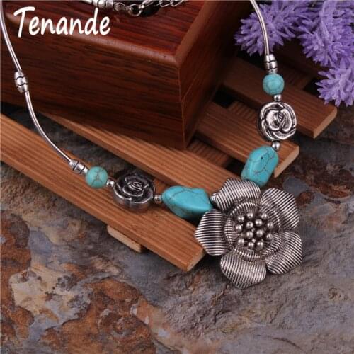 Tenande Vintage Tibet Silver Color Statement Natural Stone Big Flower Pendant Necklaces for Women Bohemian Gifts