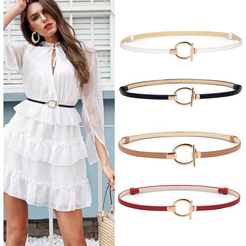 Gold Buckle Thin Belt for Dress Adjustable PU Leather Women Belt Brown Red White Black Ladies Dress Belt centure femme