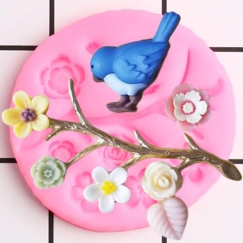 Leaf Branch Rose Flower Silicone Molds Birds Cupcake Topper Fondant Mold Baby Birthday Cake Decorating Candy Chocolate Moulds