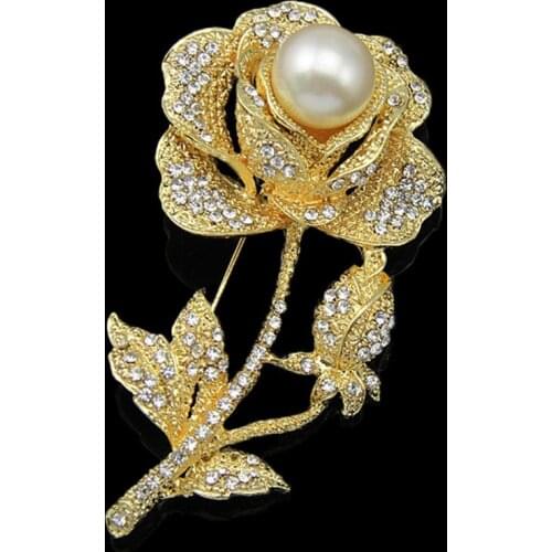 Center Simulated Pearl Pistil Crystal Petal Whole Branch of Rose Flower Brooch Pins Jewelry Brooches for Women Clothes