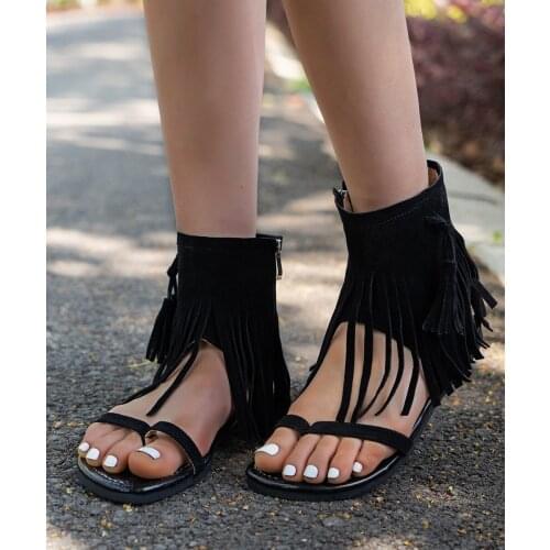 Ladies summer 2021 plus-size flat side zipper fringed ladies sandals Roman shoes