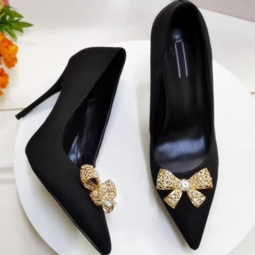 Sexy lady Casual Designer women shoes black satin gold butterfly strass crystal Shallow pointy toe stiletto stripper High heels