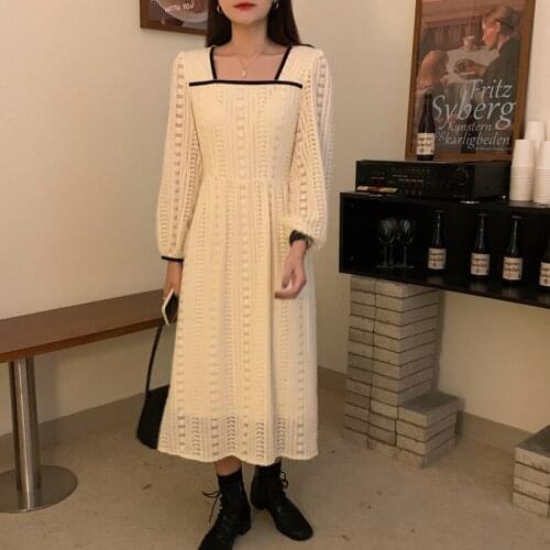Women Retro Elegance Chic Loose Long Dress Female Square Collar High Waist All Match Dresses