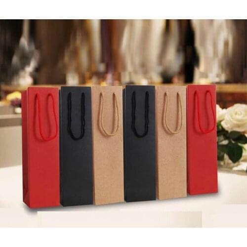 100pcs Solid Wine Paper Bag With Ribbon Gift Packing Box Single Bottle Bag Portable Wine Oil Bottle Carrier Package