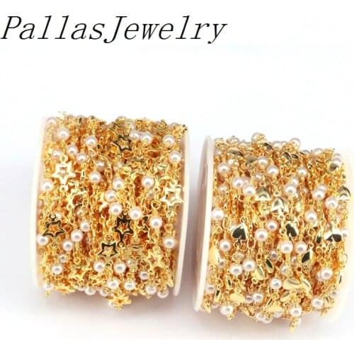 5 Meters, Brass White Pearl Beads Star Heart Beads Chains Gold Plated Satellite Chain for DIY Jewelry Making