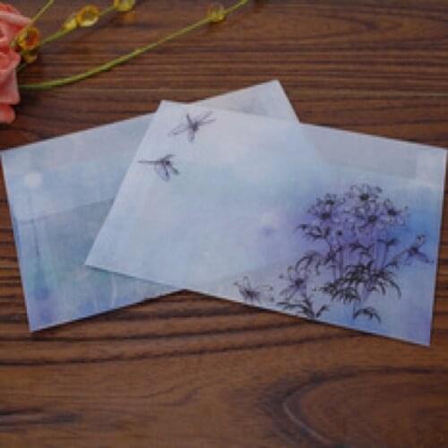 5pcs clear blue paper evelopes post card size China blossom painting design artificial parchment paper