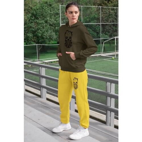 Angemiel Wear Groot Vector Women Tracksuit Set Green Hooded Sweatshirt Yellow Sweatpants