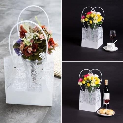 White Lace Plastic Handle Bag Flower Box Waterproof Bouquet Florist Gift Packing Box Valentines Day Rose Boxes Party Decoration