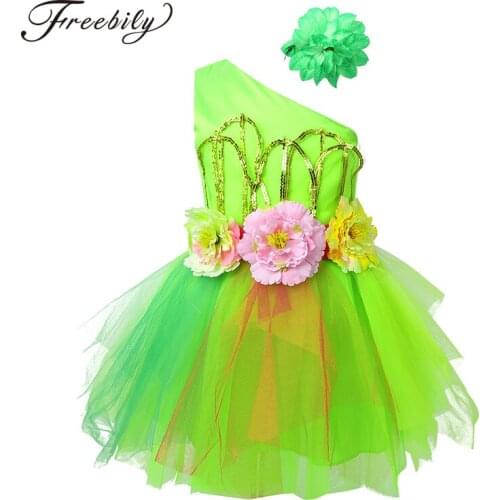Kids One-Shoulder Shiny Sequins 3D Flower Mesh Tutu Ballet Dress Modern Salsa Latin Ballroom Dance Dresses for Girl Dance Wear