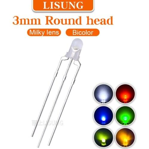 1000pcs/Bag 3mm Led Round Diffuse Milky Lens Bicolor Universal Anode Cathode White Blue Yellow Red Green Two-color Diode Indicat
