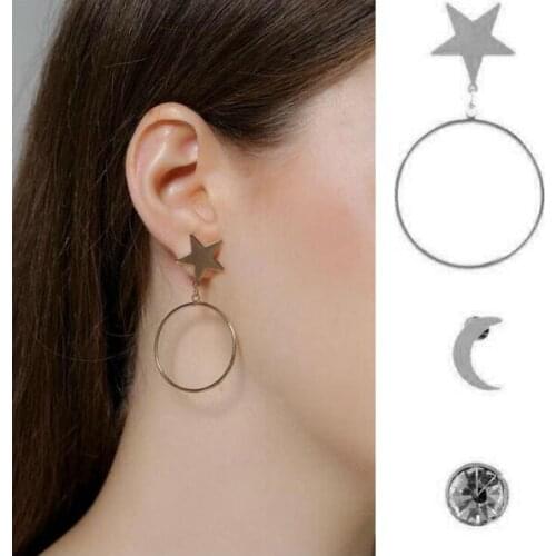 Ex797 European Fashion Vintage simple Crystal alloy Pentagram moon Geometric circle studs earrings 2021 trend Womens Jewelry