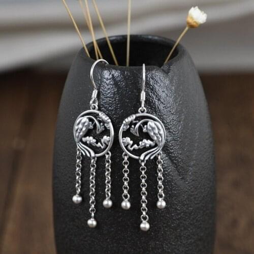 FNJ Peacock Drop Earrings 925 Silver Original Pure S925 Sterling Silver Earring for Women Jewelry Tassel Flower