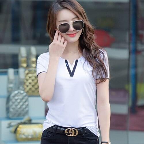 GGRIGHT High Quality V-Neck T Shirt Women Cotton Patchwork Basic T-shirts Female Casual Tops Short Sleeve T-shirt Women