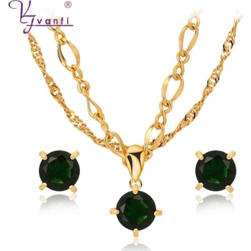 Kfvanfi Simple Single Stone Green Crystal White Zircon Earrings And Necklace Set Double Chain Layered Jewelry Set