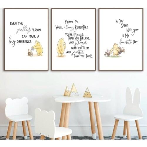 Classic Cartoon Anime Poster Bear Winnie Quote Print Nursery Decor Watercolor Art Canvas Painting Kids Room Wall Decoration