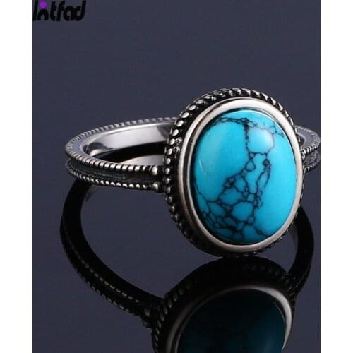 Natural Oval 8*10MM Turquoise Ring 925 Sterling Silver Ring Party Anniversary Gift for Women Man Retro Stone Ring Jewelry