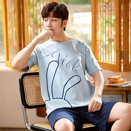 Summer Fashion Leaves Print Pajamas for Men Casual Plus Size Men Pajama Sets Cotton Thin Sleepwear Lovely Cartoon pijama homme