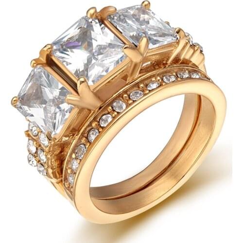 EAMTI Gold Silver Color Stainless Steel Ring Set Women Paved Zircon Crystal Bridal Romantic Engagement Wedding Rings Anel