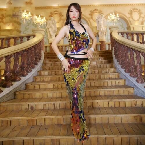 New Women Dance Wear Multicolor Squama Over-Skirt Sequins Hip Scarf Scaly Belly Dance Costume Set 2 Pieces Bra and Skirt Long