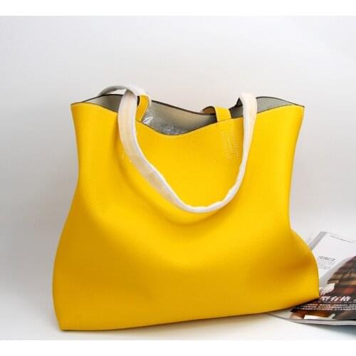 Too Beautiful Yellow With Gray Lemon Yellow Sunset Yellow Double-Sided Leather Tote Bag Shopping Bag Large Capacity Soft Leather