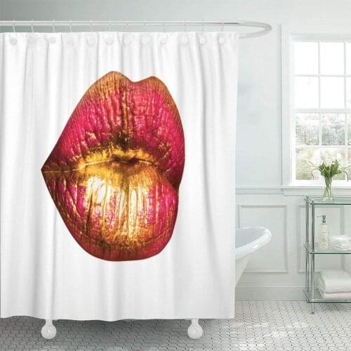 Lips Sexy Red and Gold Female Mouth Lipstick Creative Shower Curtain Waterproof Polyester Fabric 72 x 78 Inches Set with Hooks
