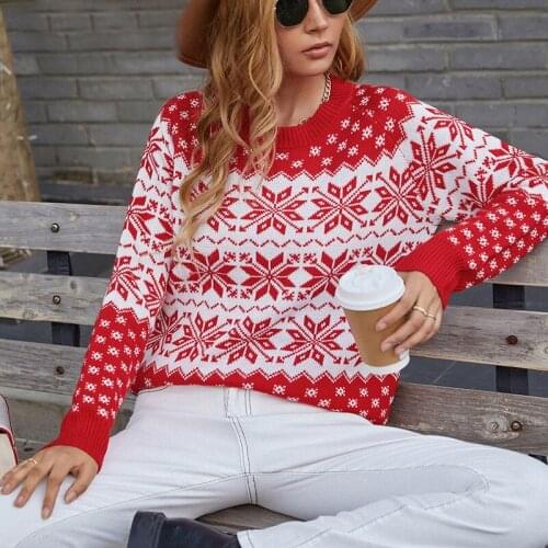 ZJZLL European and American Christmas Sweater Coat for Women 2021 Autumn and Winter New Snowflake Knitted Holiday Pullover Top