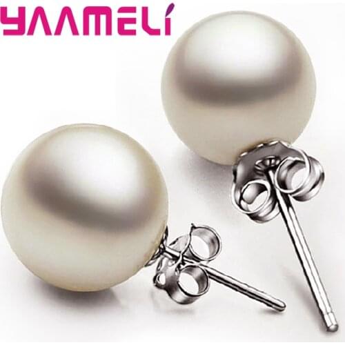 925 Sterling Silver Jewelry Pendientes 8mm Dark Black Pink White Pearl Stud Earrings for Women Girls Birthday Wedding Engagement