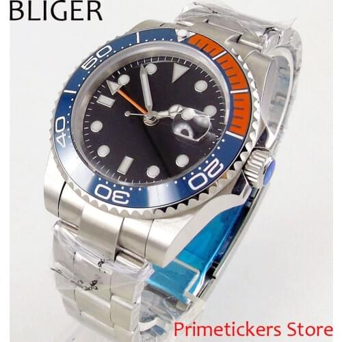 Blue red bezel BLIGER 40mm sterile black dial GMT sapphire glass automatic movement mens watch date