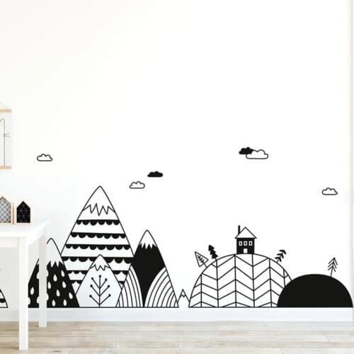 Scandinavian Mountains and Hills Wall Sticker Bedroom Kids Room Nordic Mountain Tree Cloud Village Wall Decal Vinyl Decor