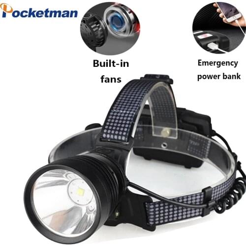 50W Xhp90 USB Rechargeable LED headlamp With Built-in Cooling Fan Headlight Zoomable Use 3* 18650 Rchargeable Battery Head Torch