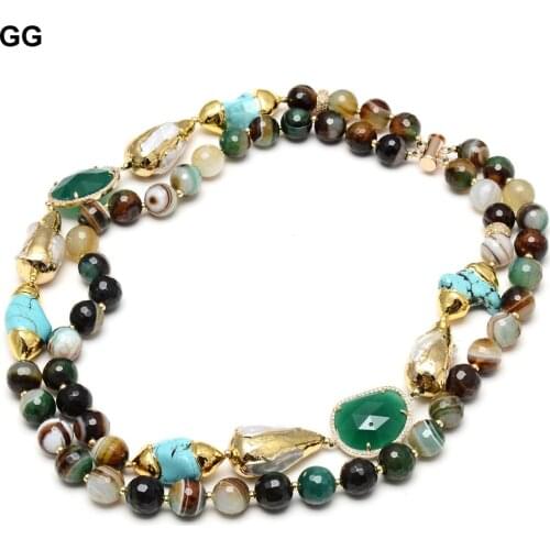 GuaiGuai Jewelry Natural Green Faceted Agate Gold Plated Turquoise Cultured White Biwa Pearl CZ Paved Crystal Necklace For Women