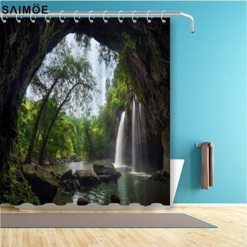 3D Cave Waterfall Scenery Shower Curtains Curtain For The Bathroom Nature Forest Trees Landscape Bath Curtain Fabric Waterproof
