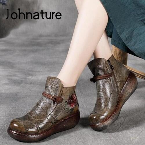Johnature Ankle Women Boots Genuine Leather Round Toe Women Shoes Zip 2020 New Wedges Flower Handmade Leisure Platform Boots