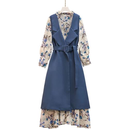 Women Two Piece Set 2021 Spring Autumn Elegant Chiffon Dress Suit Bow Collar Floral A-line Dresses Belt Vest Set Plus Size 4XL