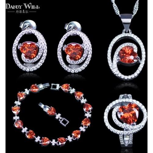 Red Garnet White Zircon Princess Wedding Jewelry Set Silver Color Women Earrings Ring Necklace Pendant Bracelet