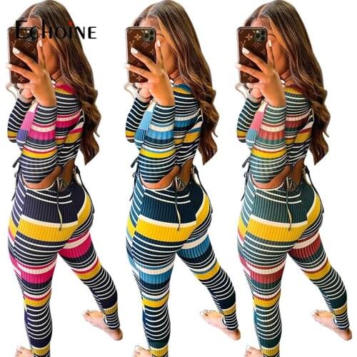 Echoine Women Activewear Striped Print Two Piece Set Crop Top Pants Set 2021 Autumn Tracksuit Fitness Sexy Night Club Outfits