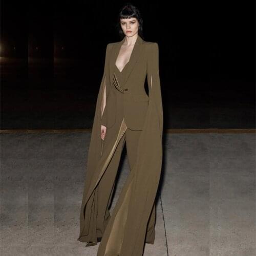 Olive Green Jumpsuit Evening Dresses with Jacket V Neck Ankle Length Outfit Celebrity Gowns Vestidos De Novia