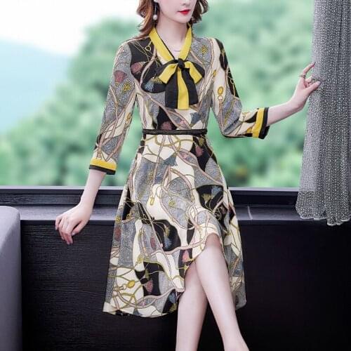 Women Print Chiffon Office Lady Midi Dresses Spring Autumn Korean Vintage Casual Beach Dress 2021 Elegant Bodycon Party Vestidos